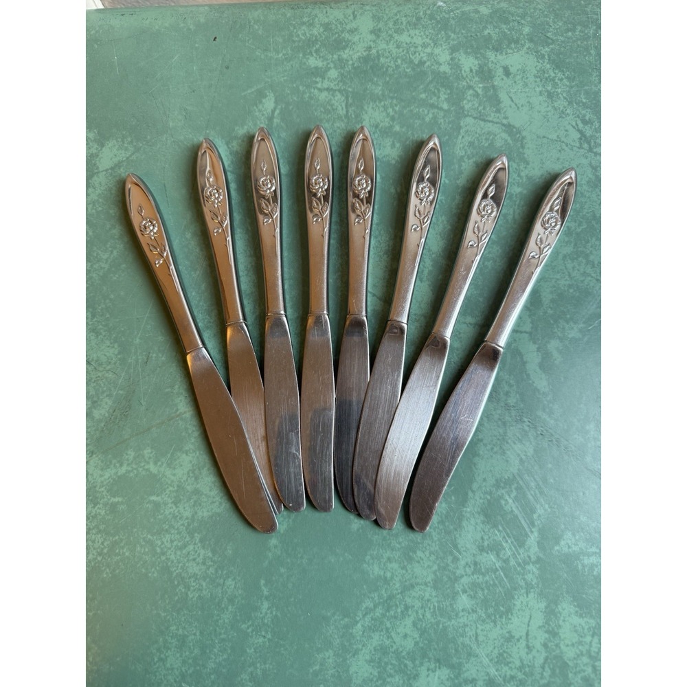 Floral Rose Stainless Steel Butter Knife Set Of 8 Unmarked Vintage Cottagecore
